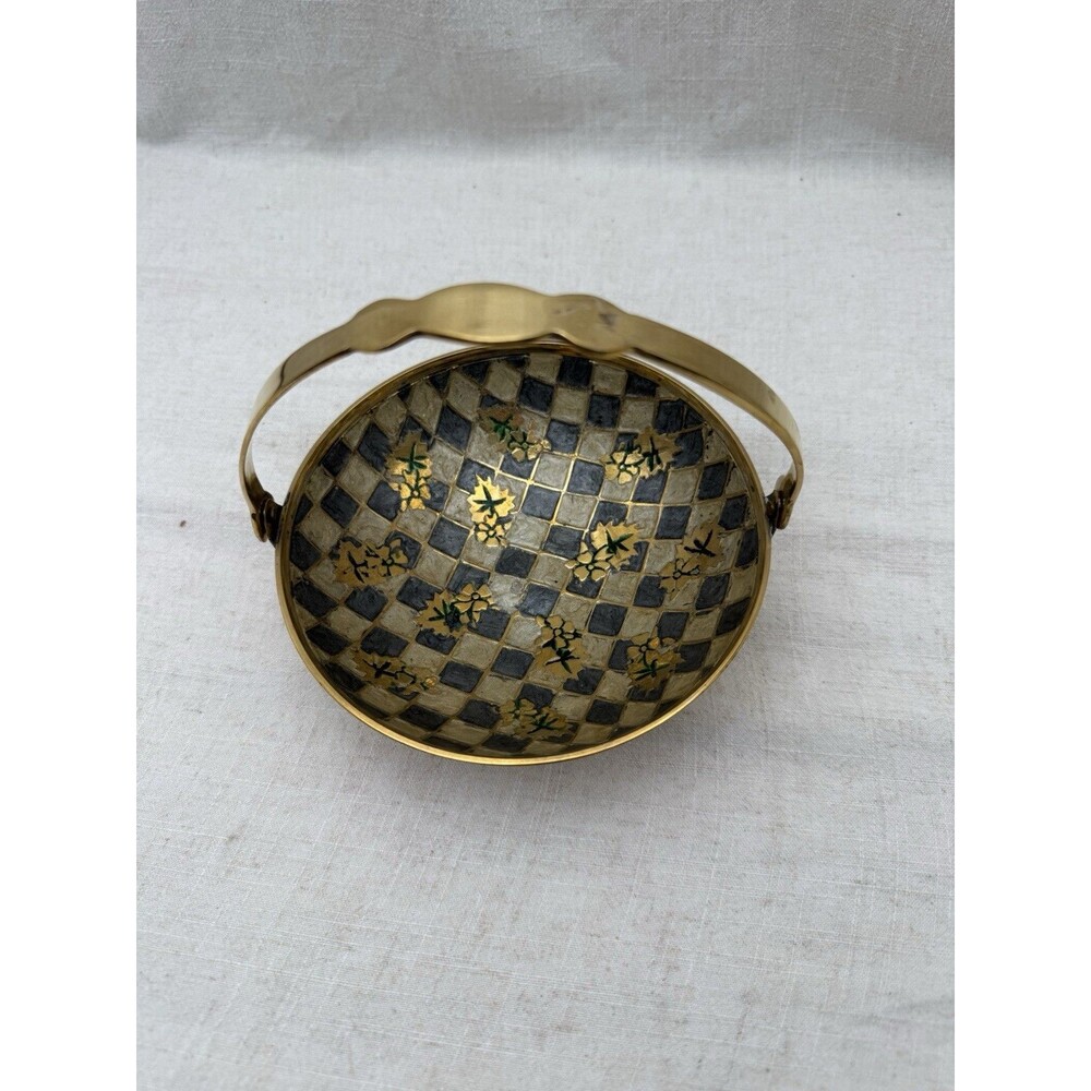 Vintage Brass Basket Bowl Mother of Pearl Mosaic Floral Made in India